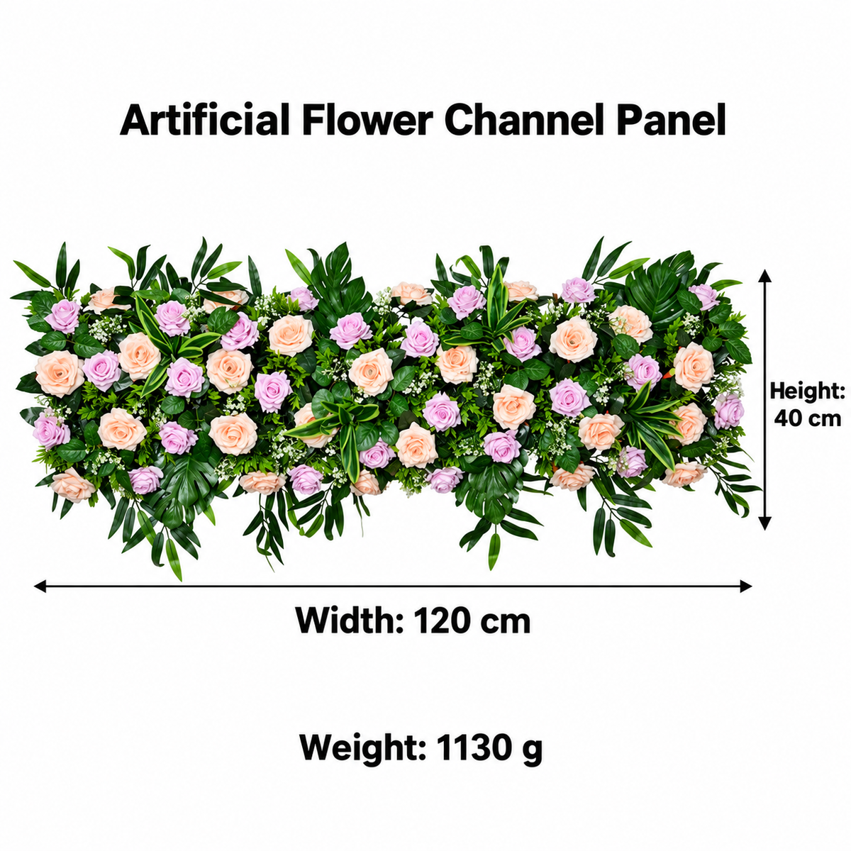 Artificial Peach & Lavender Rose Floral Channel Panel with Green Foliage for Wedding & Event Décor – 120 × 40 cm