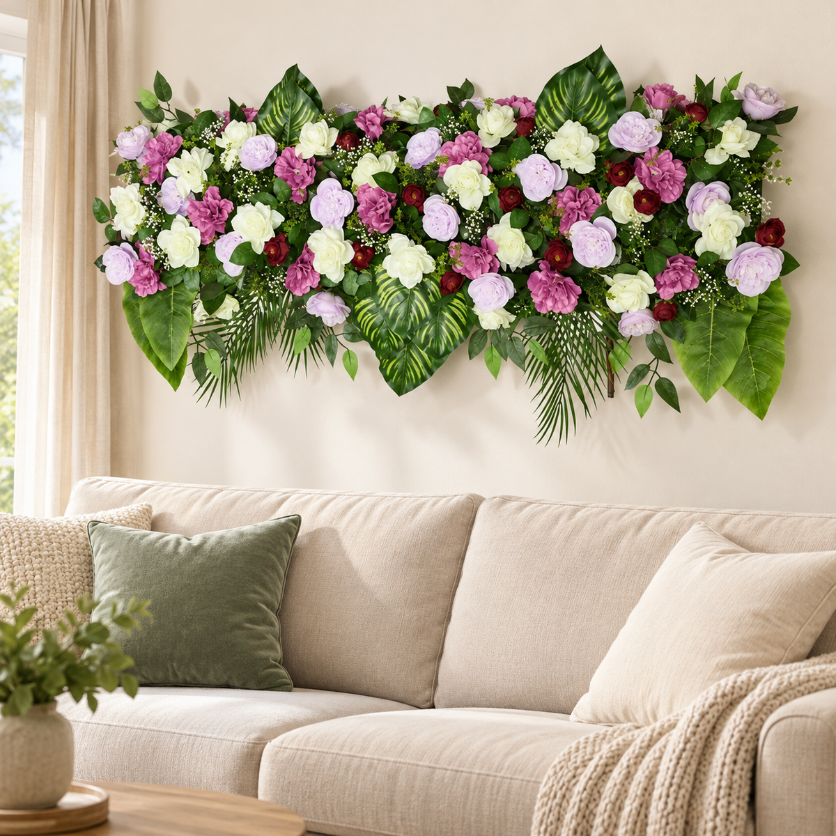 Artificial Lavender, Purple & Ivory Floral Channel Panel with Green Foliage for Wedding & Event Décor – 120 × 36 cm