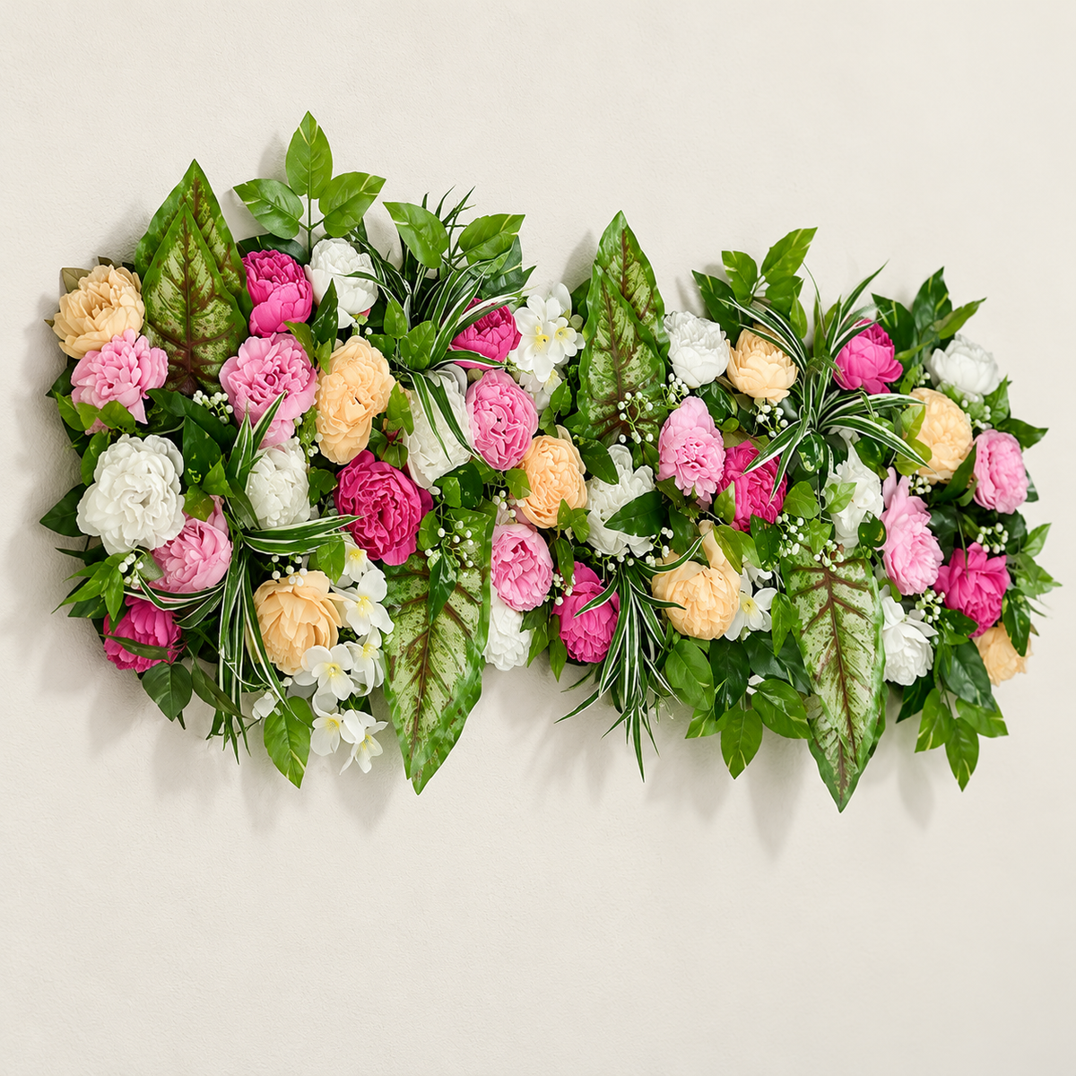 Artificial Pink, Peach & Ivory Floral Channel Panel with Green Foliage for Wedding & Event Décor – 120 × 40 cm