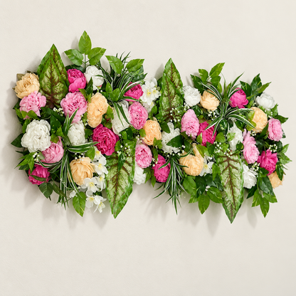 Artificial Pink, Peach & Ivory Floral Channel Panel with Green Foliage for Wedding & Event Décor – 120 × 40 cm