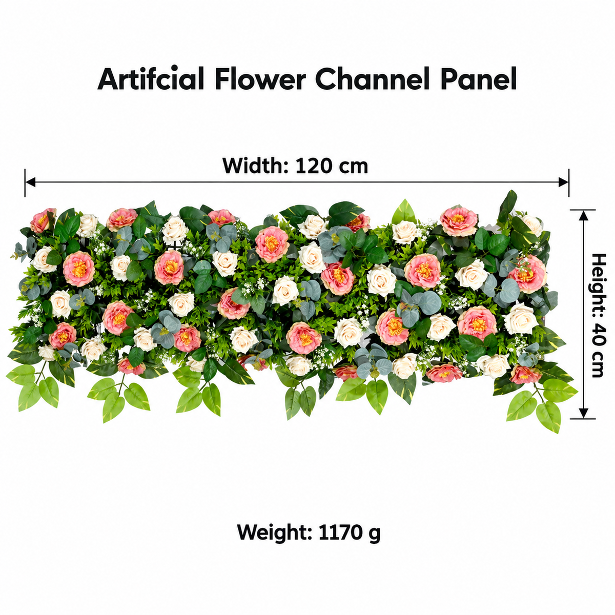 Artificial Pink & Ivory Floral Channel Panel with Green Foliage for Wedding & Event Décor – 120 × 40 cm