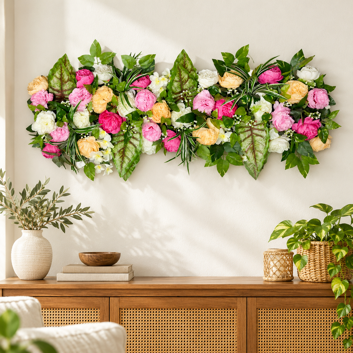 Artificial Pink, Peach & Ivory Floral Channel Panel with Green Foliage for Wedding & Event Décor – 120 × 40 cm