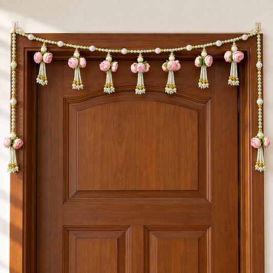 Artificial Light Pink Rose Door Toran with Pearl Bead Tassels for Wedding & Festive Decoration – 94 cm | Pack of 1