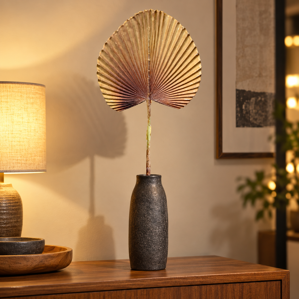 Artificial Beige & Brown Fan Palm Leaf Stick – 65 cm Decorative Stem for Vases, Home & Wedding Décor