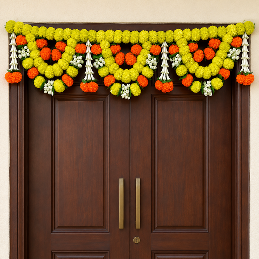 Artificial Yellow & Orange Marigold Door Toran with White Floral Hangings for Wedding & Festive Decoration – 100 cm | Pak of 1