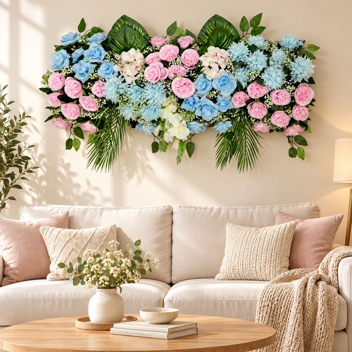 Artificial Pink & Light Blue Floral Channel Panel with Green Foliage for Wedding & Event Décor – 90 × 36 cm