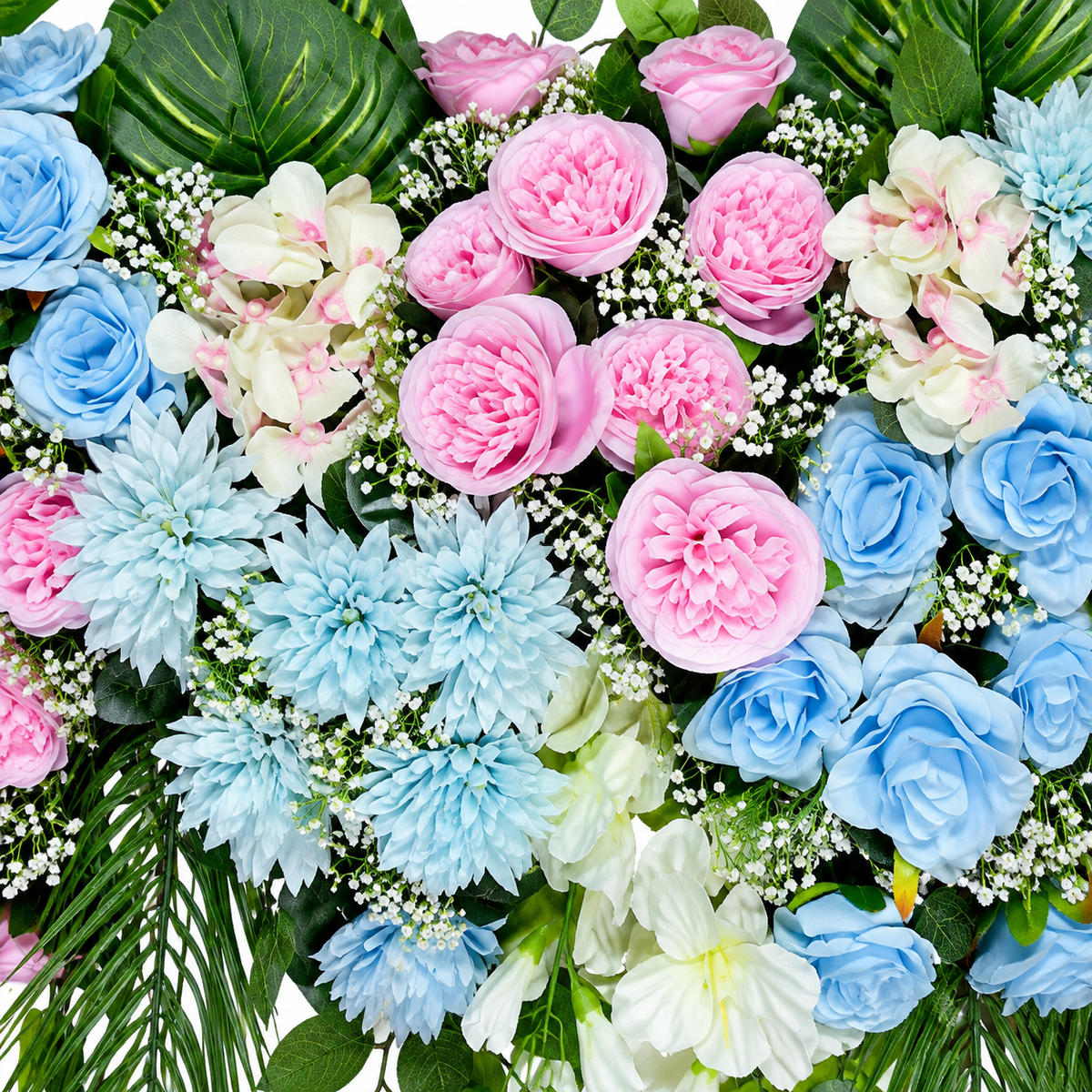 Artificial Pink & Light Blue Floral Channel Panel with Green Foliage for Wedding & Event Décor – 90 × 36 cm