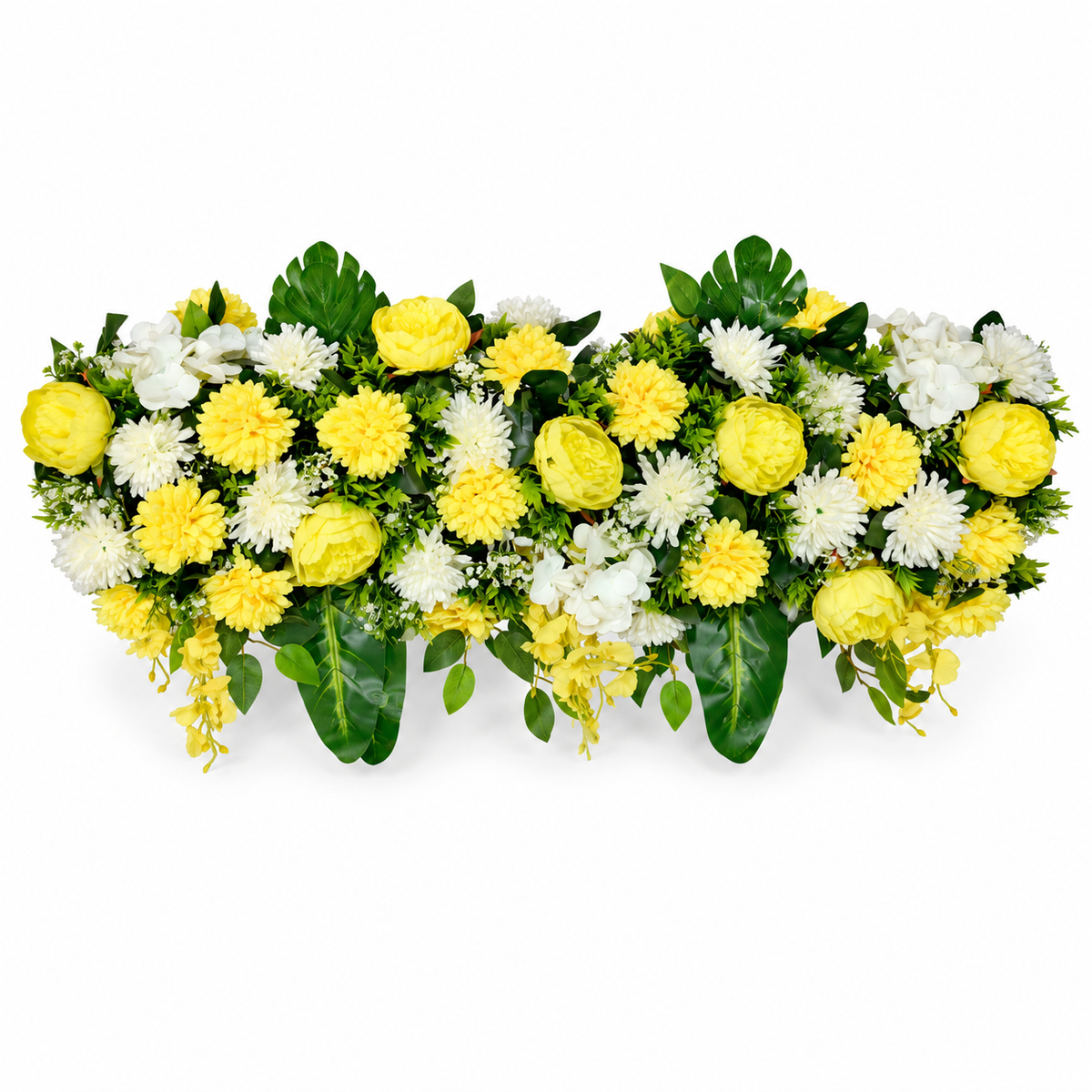 Artificial Yellow & Ivory Floral Channel Panel with Green Foliage for Wedding & Event Décor – 90 × 34 cm