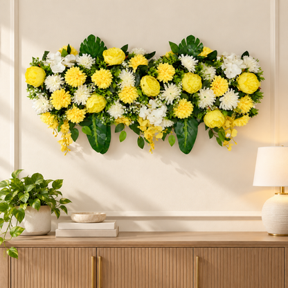 Artificial Yellow & Ivory Floral Channel Panel with Green Foliage for Wedding & Event Décor – 90 × 34 cm
