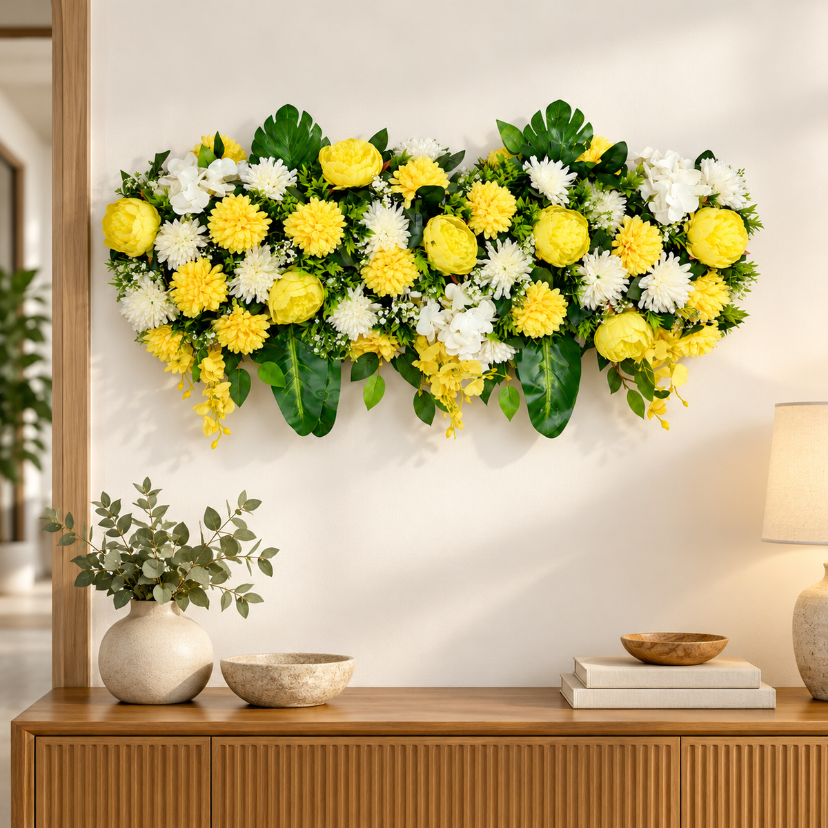 Artificial Yellow & Ivory Floral Channel Panel with Green Foliage for Wedding & Event Décor – 90 × 34 cm