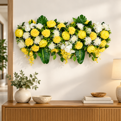 Artificial Yellow & Ivory Floral Channel Panel with Green Foliage for Wedding & Event Décor – 90 × 34 cm