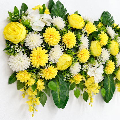 Artificial Yellow & Ivory Floral Channel Panel with Green Foliage for Wedding & Event Décor – 90 × 34 cm