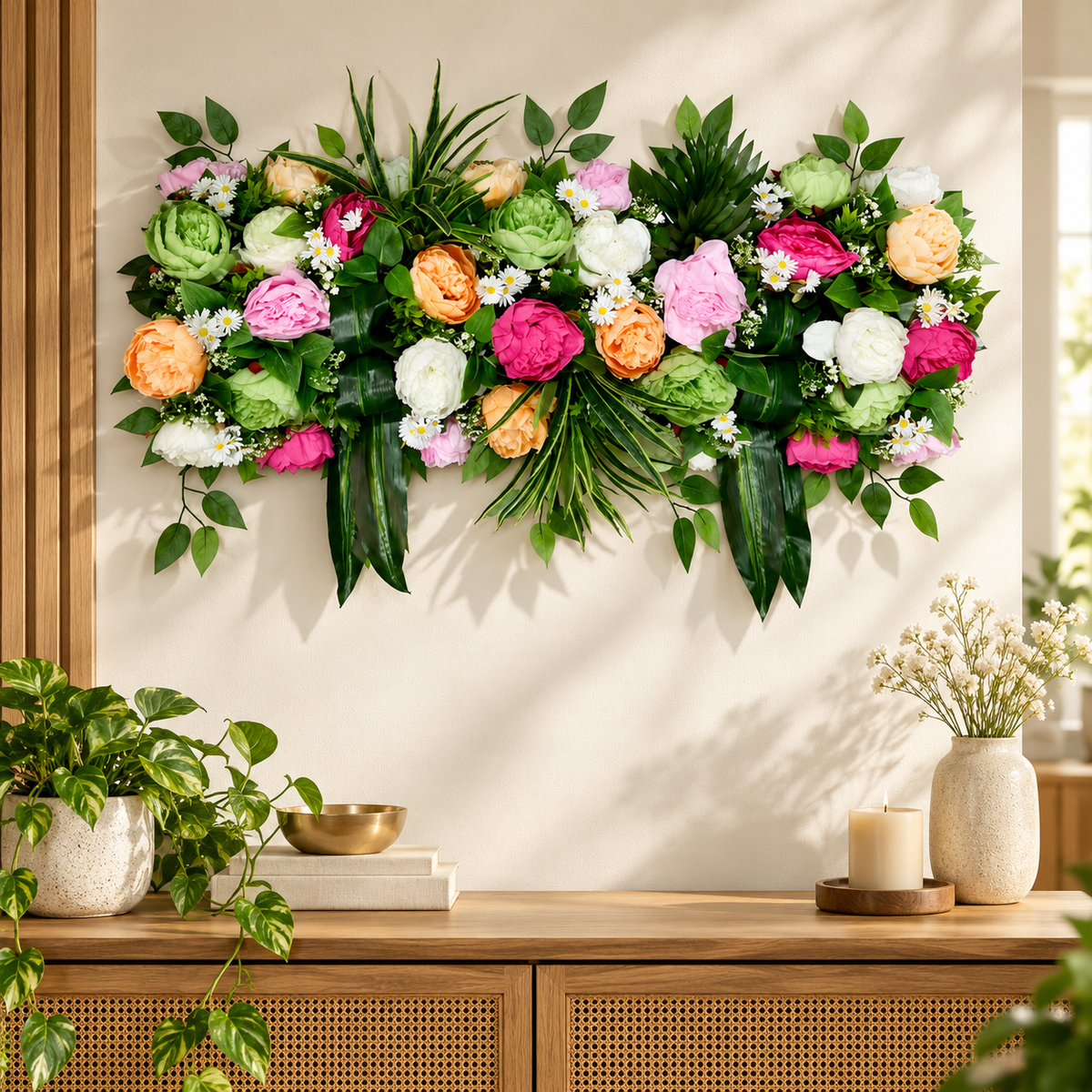 Artificial Multicolour Floral Channel Panel with Green Foliage for Wedding & Event Décor – 90 × 40 cm