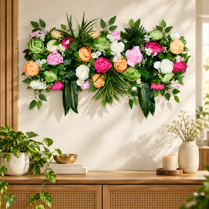 Artificial Multicolour Floral Channel Panel with Green Foliage for Wedding & Event Décor – 90 × 40 cm