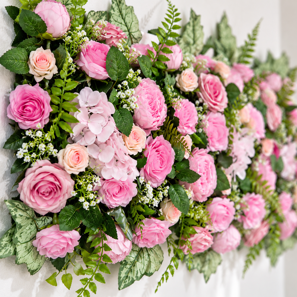 Artificial Pink & Peach Rose Floral Channel Panel with Decorative Green Foliage for Wedding & Event Décor – 90 × 36 cm