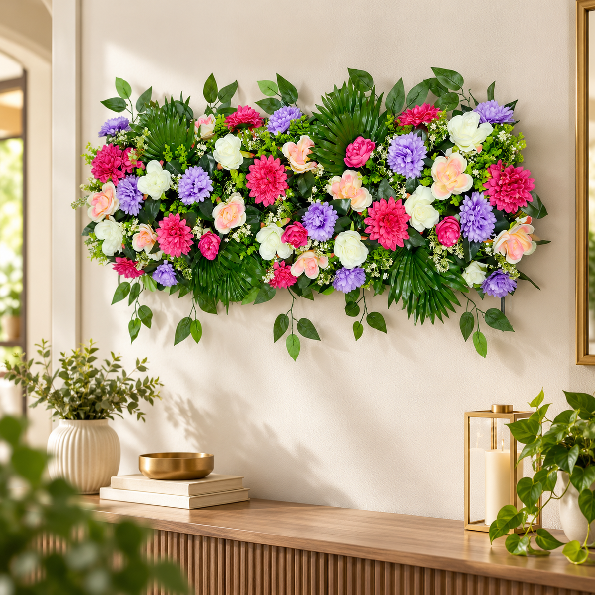 Artificial Pink, Lavender, Peach & Ivory Floral Channel Panel with Green Foliage for Wedding & Event Décor – 90 × 38 cm
