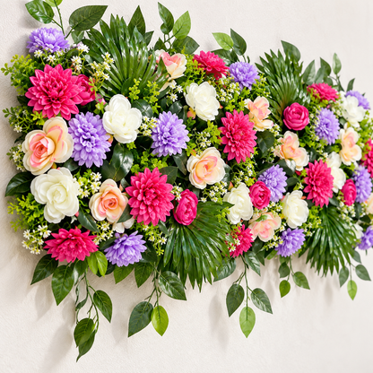 Artificial Pink, Lavender, Peach & Ivory Floral Channel Panel with Green Foliage for Wedding & Event Décor – 90 × 38 cm