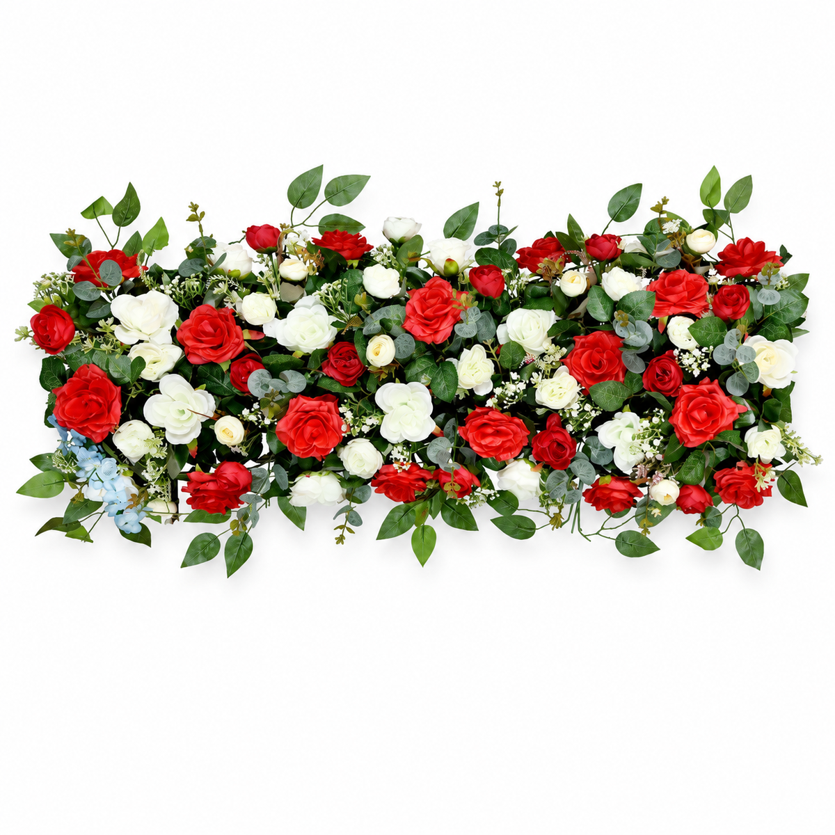 Artificial Red & Ivory Rose Floral Channel Panel with Green Foliage for Wedding & Event Décor – 90 × 36 cm