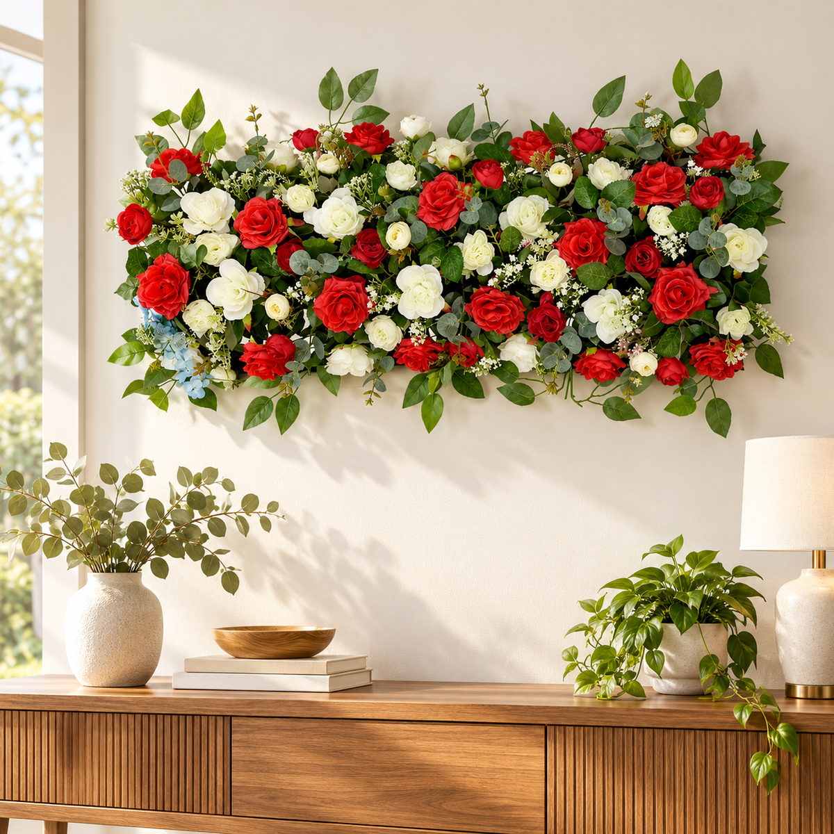 Artificial Red & Ivory Rose Floral Channel Panel with Green Foliage for Wedding & Event Décor – 90 × 36 cm