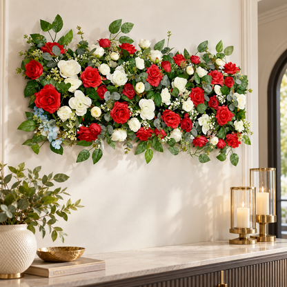 Artificial Red & Ivory Rose Floral Channel Panel with Green Foliage for Wedding & Event Décor – 90 × 36 cm