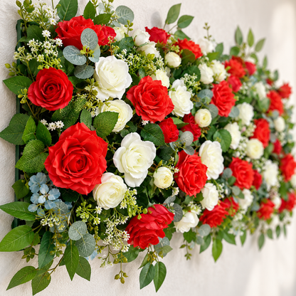 Artificial Red & Ivory Rose Floral Channel Panel with Green Foliage for Wedding & Event Décor – 90 × 36 cm