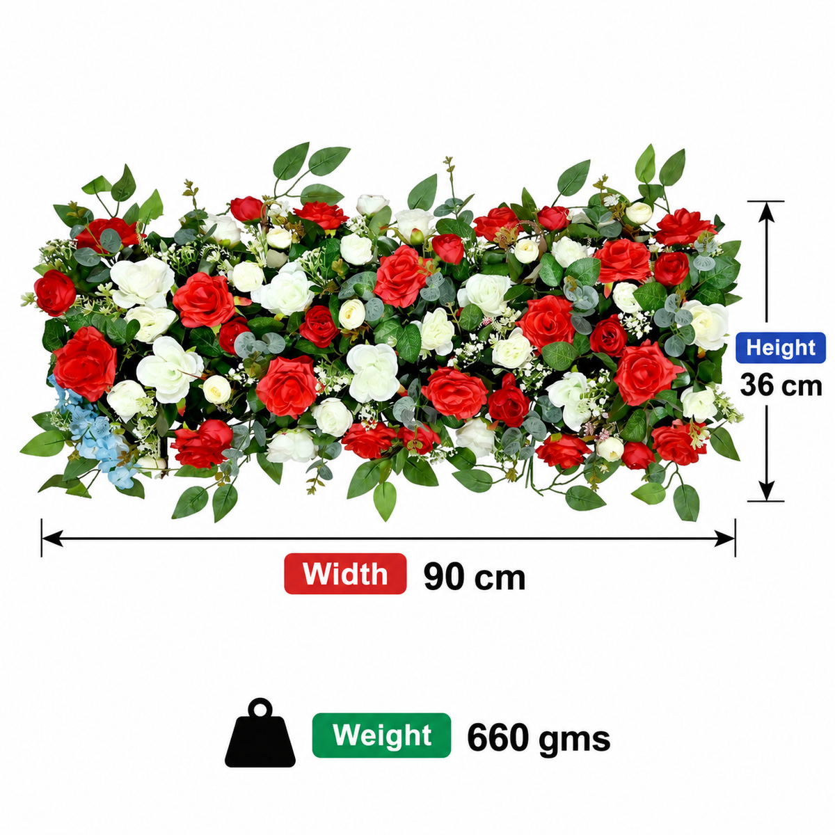 Artificial Red & Ivory Rose Floral Channel Panel with Green Foliage for Wedding & Event Décor – 90 × 36 cm
