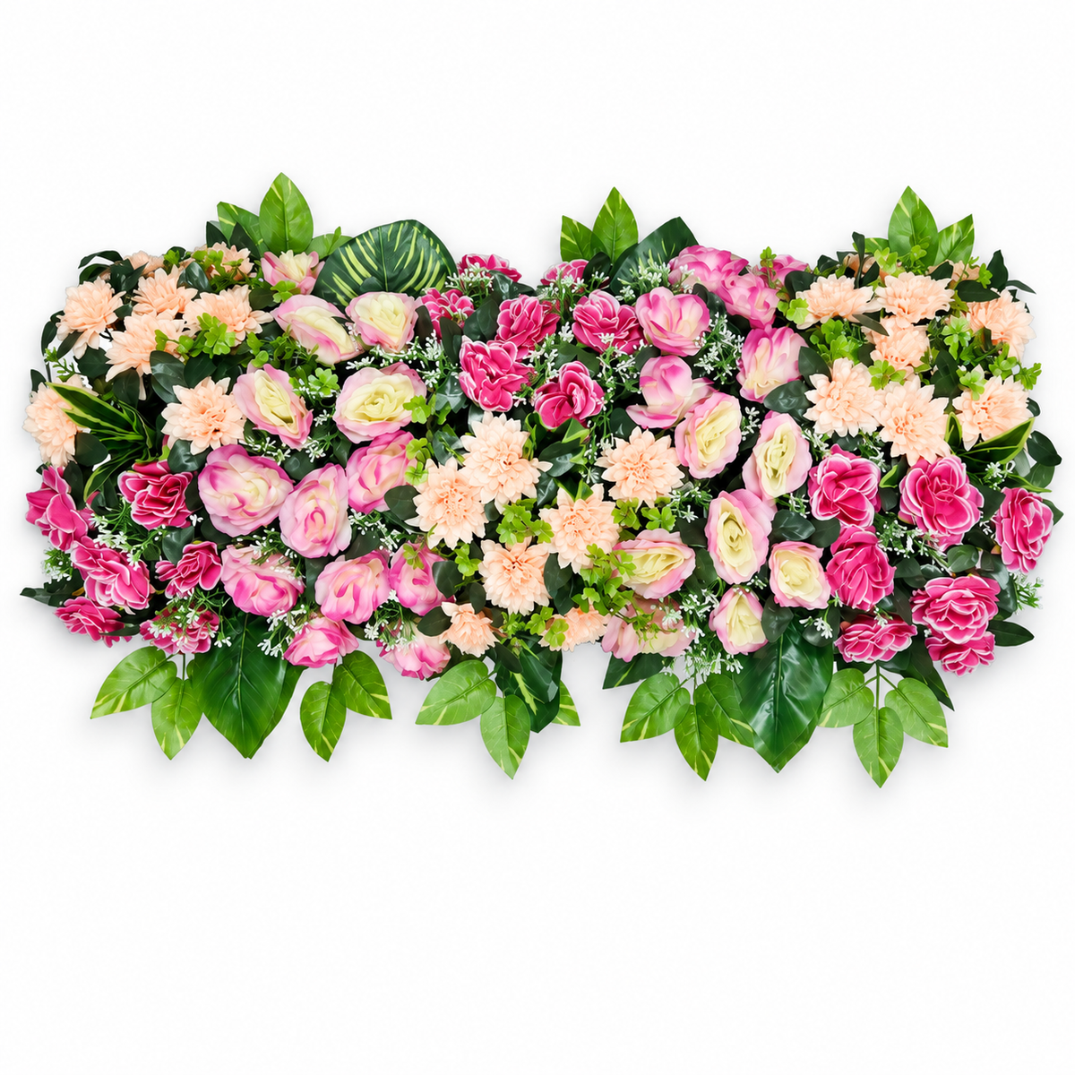 Artificial Pink, Peach & Cream Floral Channel Panel with Roses & Green Foliage for Wedding & Event Décor – 90 × 30 cm