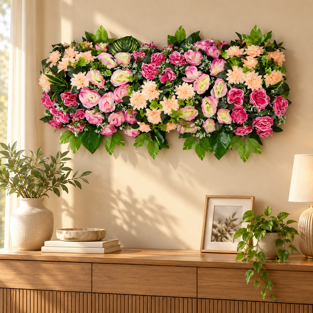 Artificial Pink, Peach & Cream Floral Channel Panel with Roses & Green Foliage for Wedding & Event Décor – 90 × 30 cm