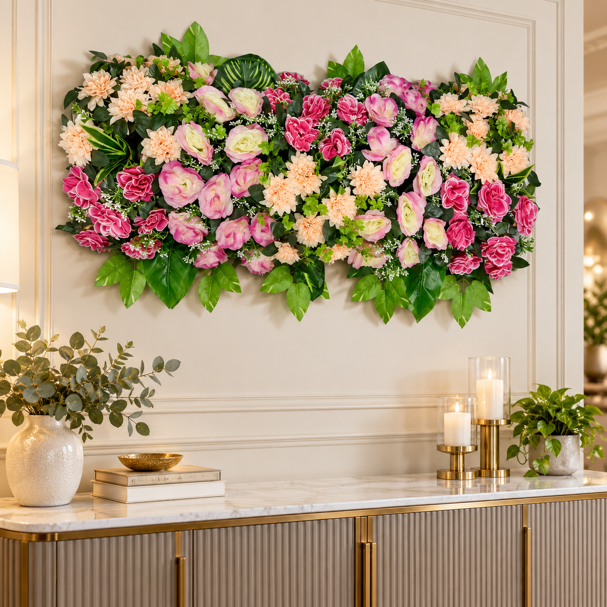 Artificial Pink, Peach & Cream Floral Channel Panel with Roses & Green Foliage for Wedding & Event Décor – 90 × 30 cm