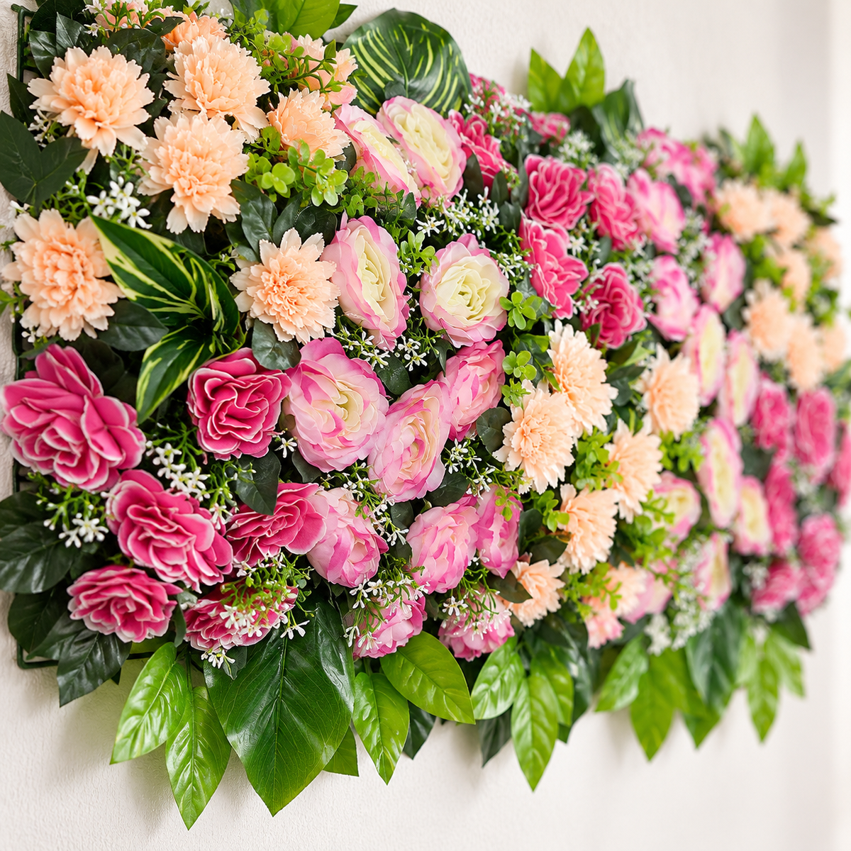 Artificial Pink, Peach & Cream Floral Channel Panel with Roses & Green Foliage for Wedding & Event Décor – 90 × 30 cm