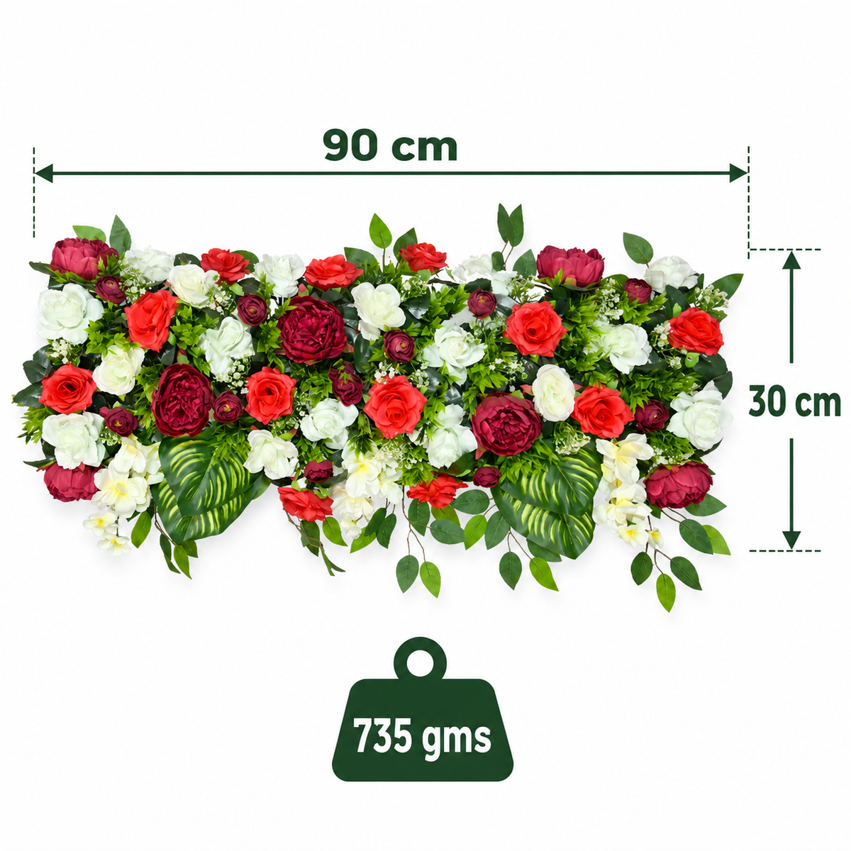 Artificial Red, Burgundy & Ivory Floral Channel Panel with Roses & Green Foliage for Wedding & Event Décor – 90 × 30 cm