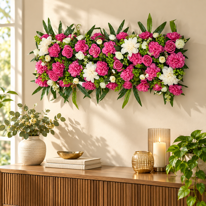 Artificial Pink & Ivory Floral Channel Panel with Roses & Green Foliage for Wedding & Event Décor – 90 × 36 cm