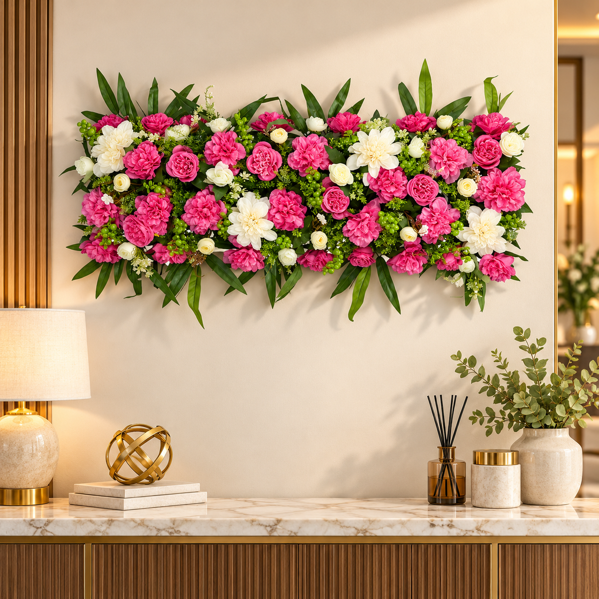 Artificial Pink & Ivory Floral Channel Panel with Roses & Green Foliage for Wedding & Event Décor – 90 × 36 cm