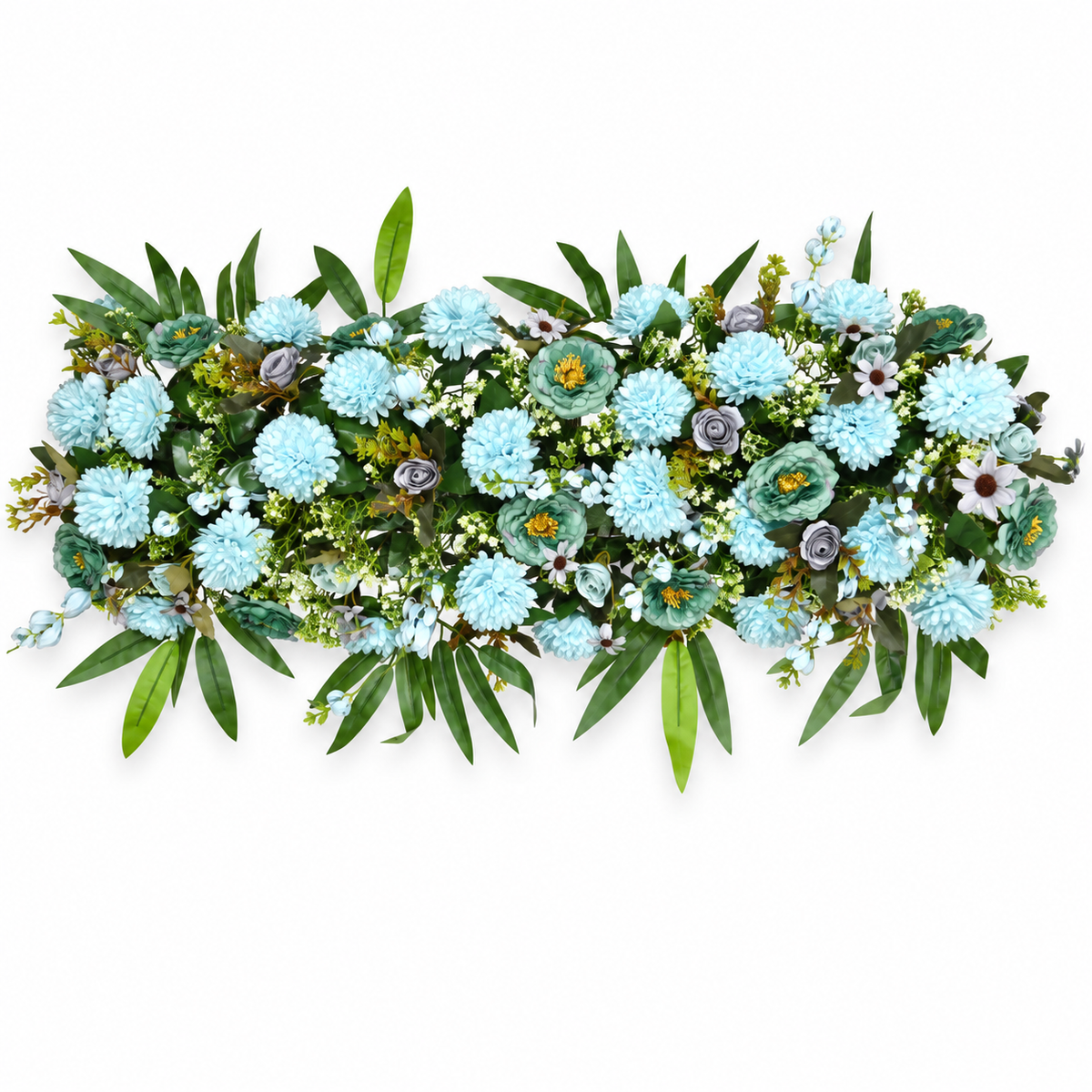Artificial Light Blue & Teal Floral Channel Panel with Green Foliage for Wedding & Event Décor – 90 × 36 cm
