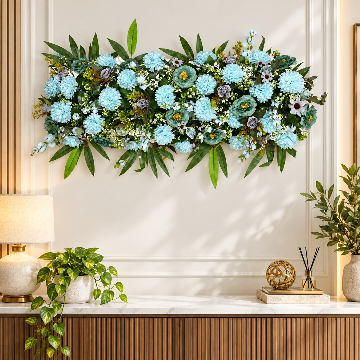 Artificial Light Blue & Teal Floral Channel Panel with Green Foliage for Wedding & Event Décor – 90 × 36 cm