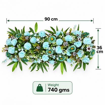 Artificial Light Blue & Teal Floral Channel Panel with Green Foliage for Wedding & Event Décor – 90 × 36 cm