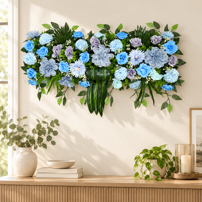 Artificial Blue, Grey & Lavender Floral Channel Panel with Roses & Green Foliage for Wedding & Event Décor – 90 × 36 cm