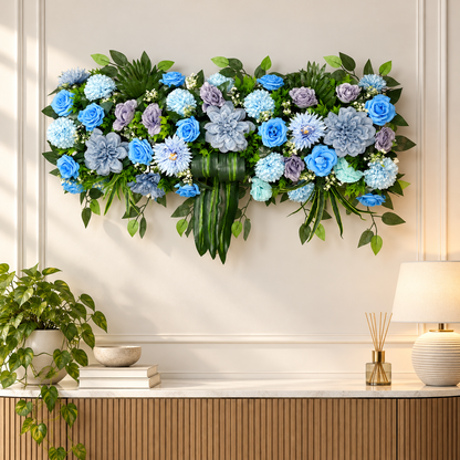 Artificial Blue, Grey & Lavender Floral Channel Panel with Roses & Green Foliage for Wedding & Event Décor – 90 × 36 cm