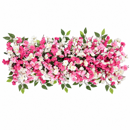 Artificial Pink & White Blossom Floral Channel Panel with Green Foliage for Wedding & Event Décor – 90 × 40 cm