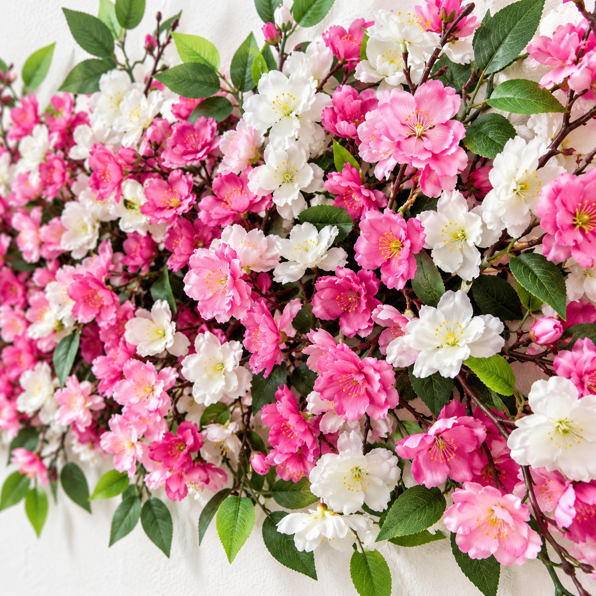 Artificial Pink & White Blossom Floral Channel Panel with Green Foliage for Wedding & Event Décor – 90 × 40 cm