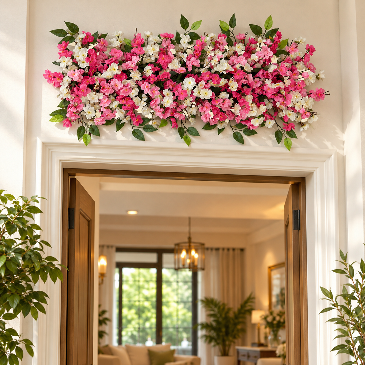 Artificial Pink & White Blossom Floral Channel Panel with Green Foliage for Wedding & Event Décor – 90 × 40 cm