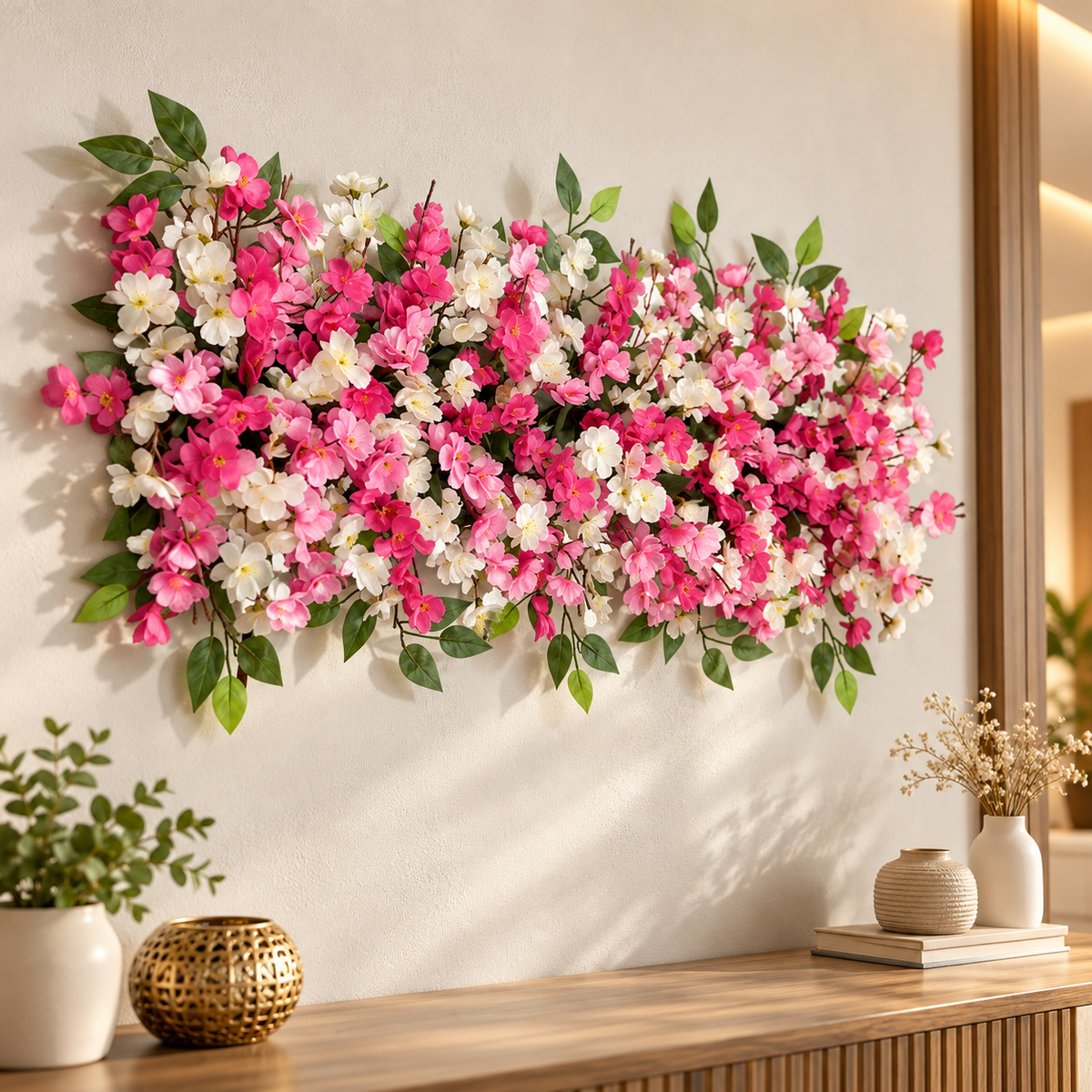 Artificial Pink & White Blossom Floral Channel Panel with Green Foliage for Wedding & Event Décor – 90 × 40 cm