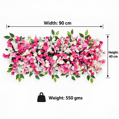 Artificial Pink & White Blossom Floral Channel Panel with Green Foliage for Wedding & Event Décor – 90 × 40 cm