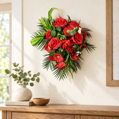 Artificial Red Rose & Gerbera Floral Bouquet with Green Foliage for Wedding & Event Décor – 35 × 45 cm
