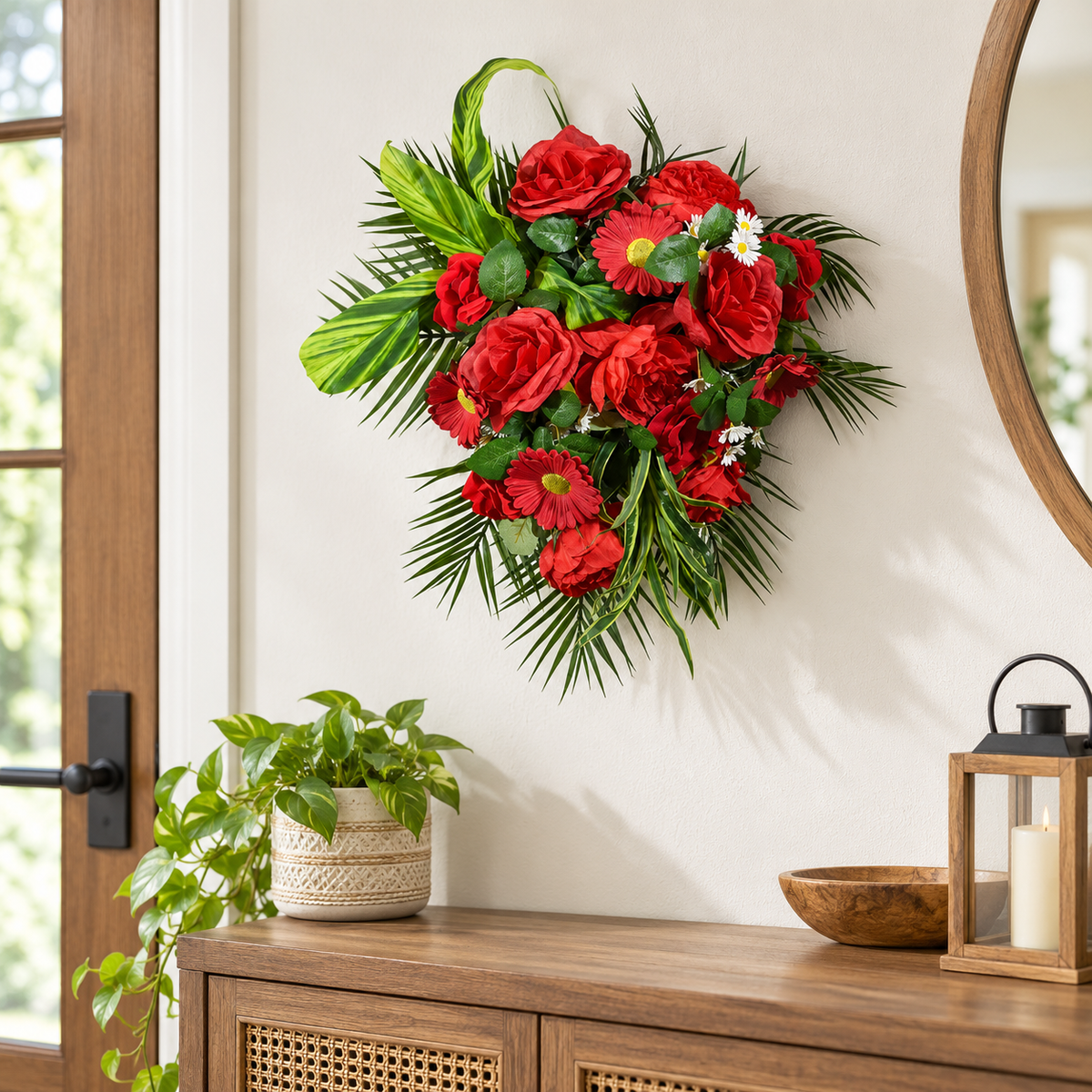Artificial Red Rose & Gerbera Floral Bouquet with Green Foliage for Wedding & Event Décor – 35 × 45 cm