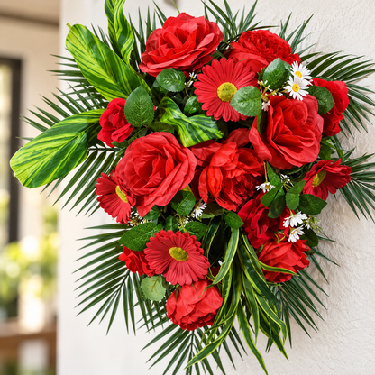 Artificial Red Rose & Gerbera Floral Bouquet with Green Foliage for Wedding & Event Décor – 35 × 45 cm