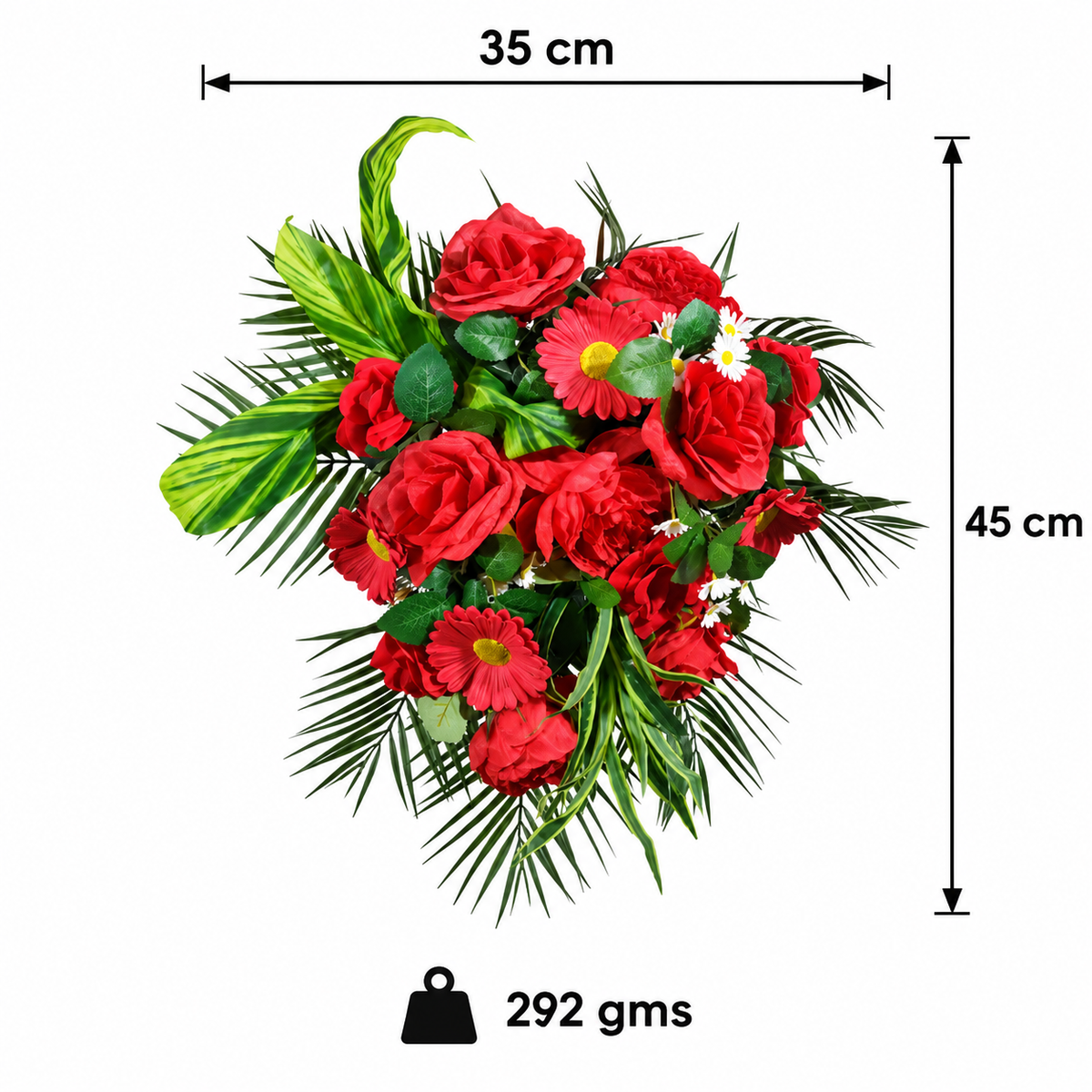 Artificial Red Rose & Gerbera Floral Bouquet with Green Foliage for Wedding & Event Décor – 35 × 45 cm