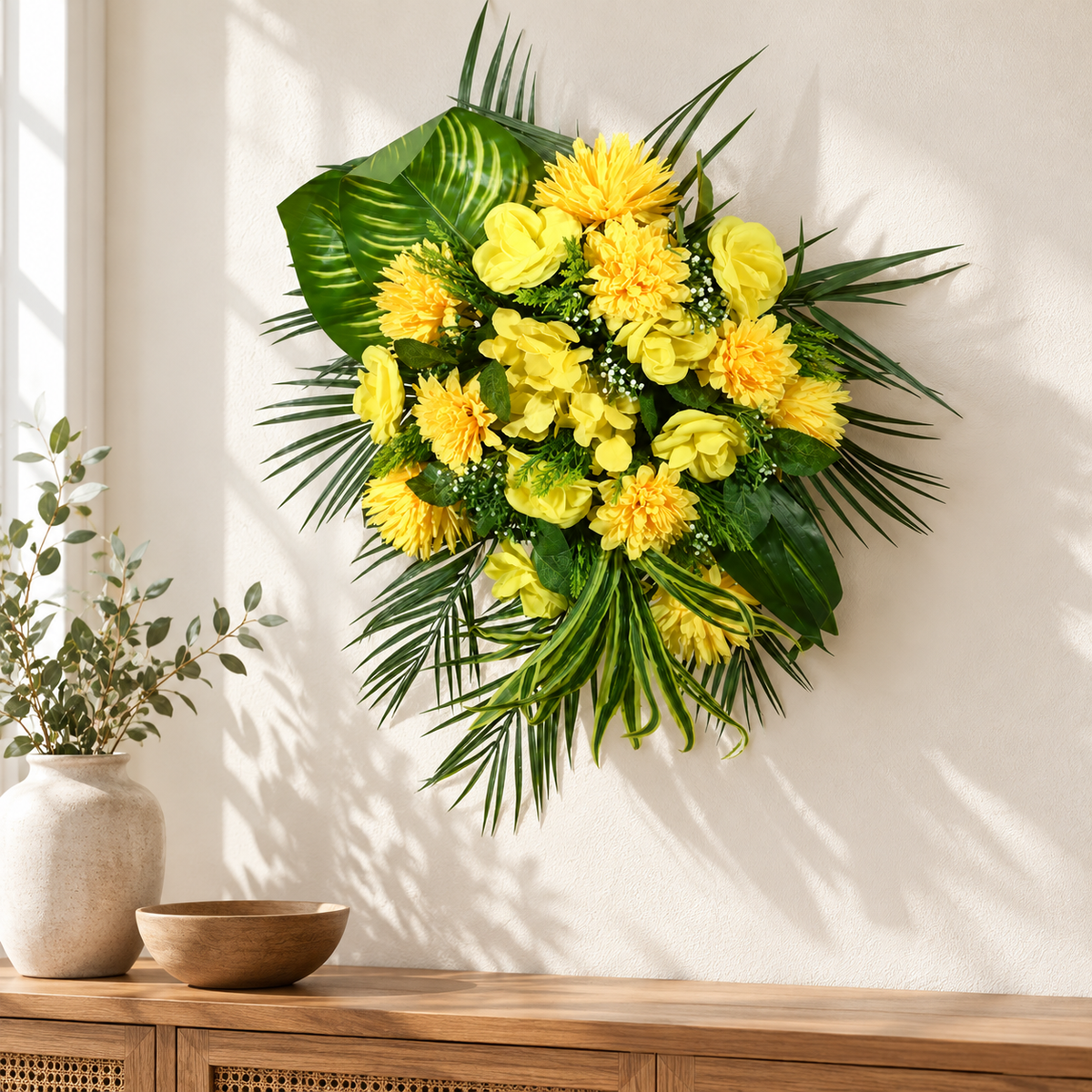 Artificial Yellow Floral Bouquet with Roses & Green Foliage for Wedding & Event Décor – 37 × 50 cm
