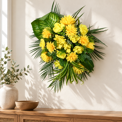 Artificial Yellow Floral Bouquet with Roses & Green Foliage for Wedding & Event Décor – 37 × 50 cm