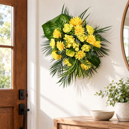 Artificial Yellow Floral Bouquet with Roses & Green Foliage for Wedding & Event Décor – 37 × 50 cm